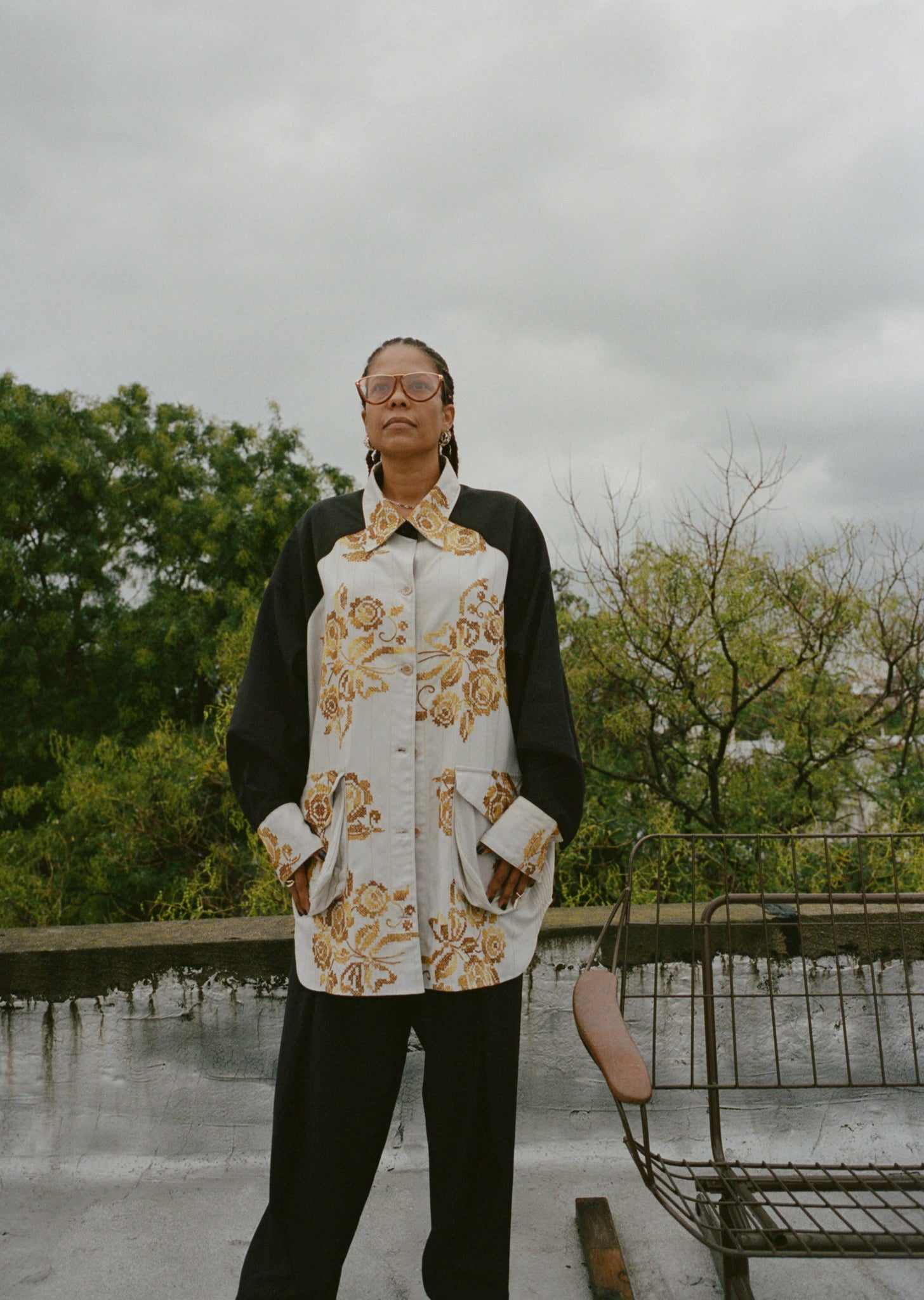 gold embroidered draped work shirt