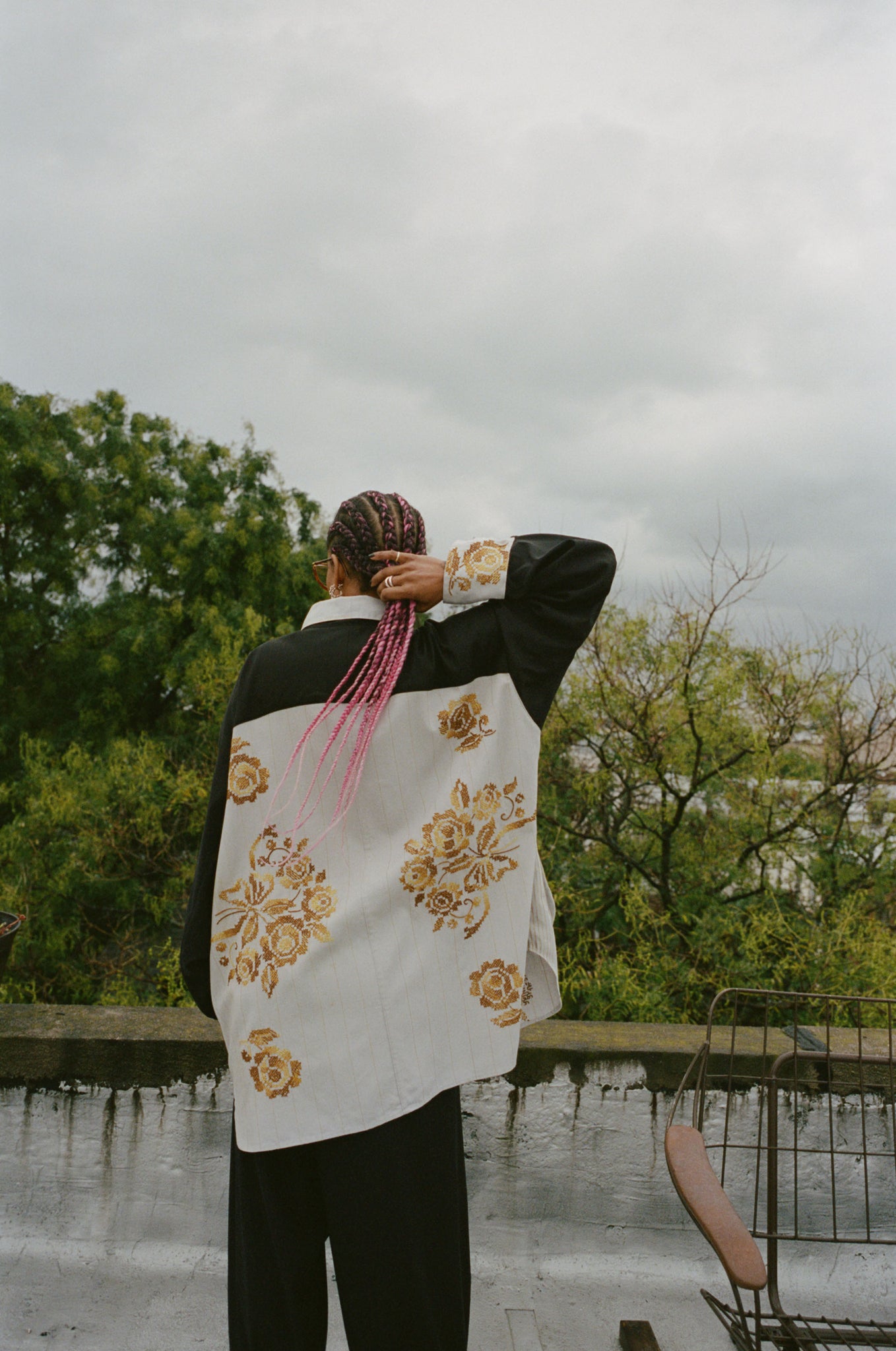 gold embroidered draped work shirt