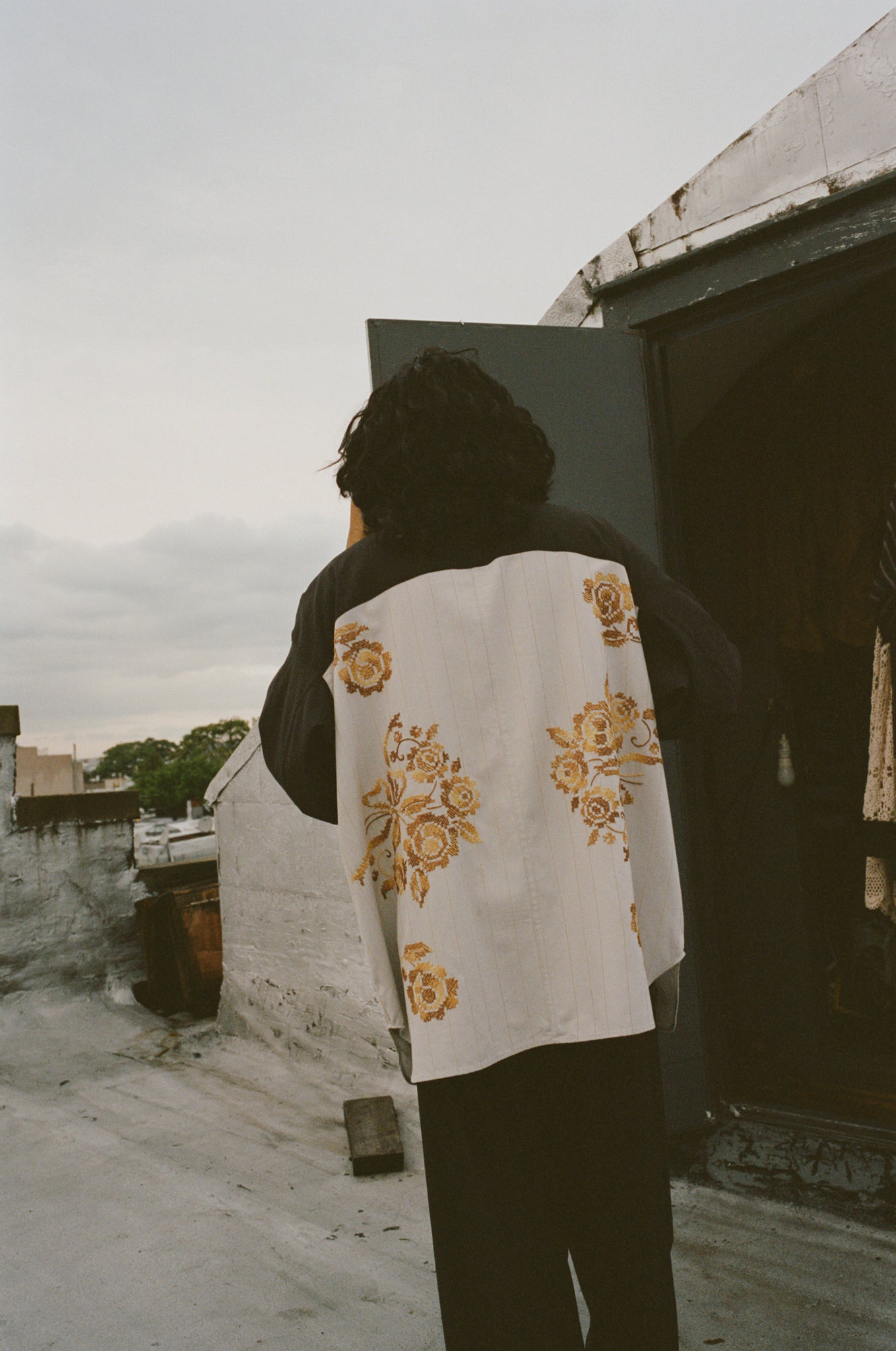 gold embroidered draped work shirt