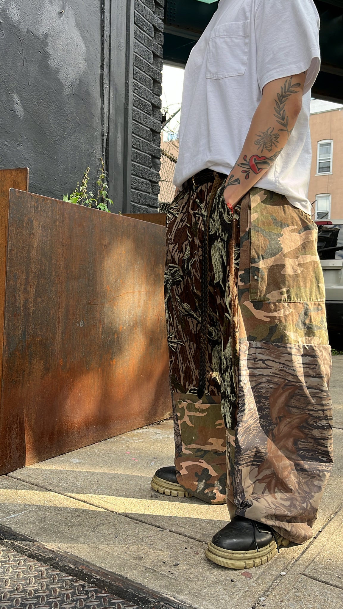 patchwork pant in camo brown and pink