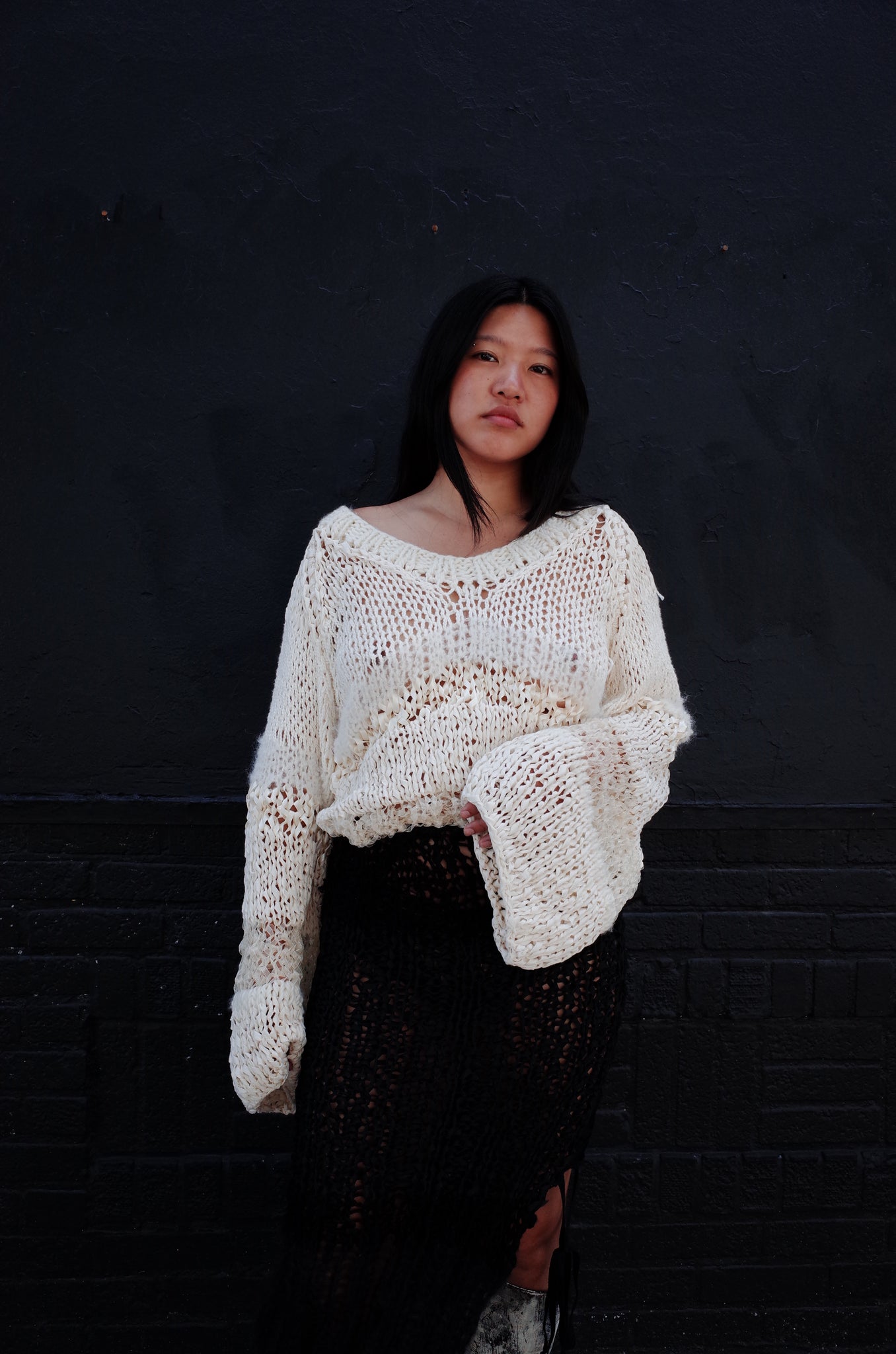 tonal ivory mixed yarn hand knit sweater